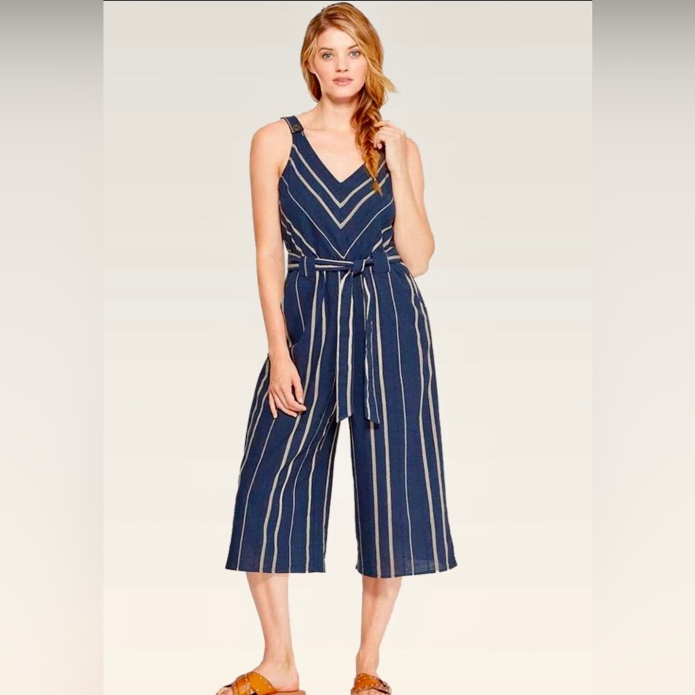 Universal Thread Boho Navy Blue Striped Wide Leg Cropped Jumpsuit Sz XS